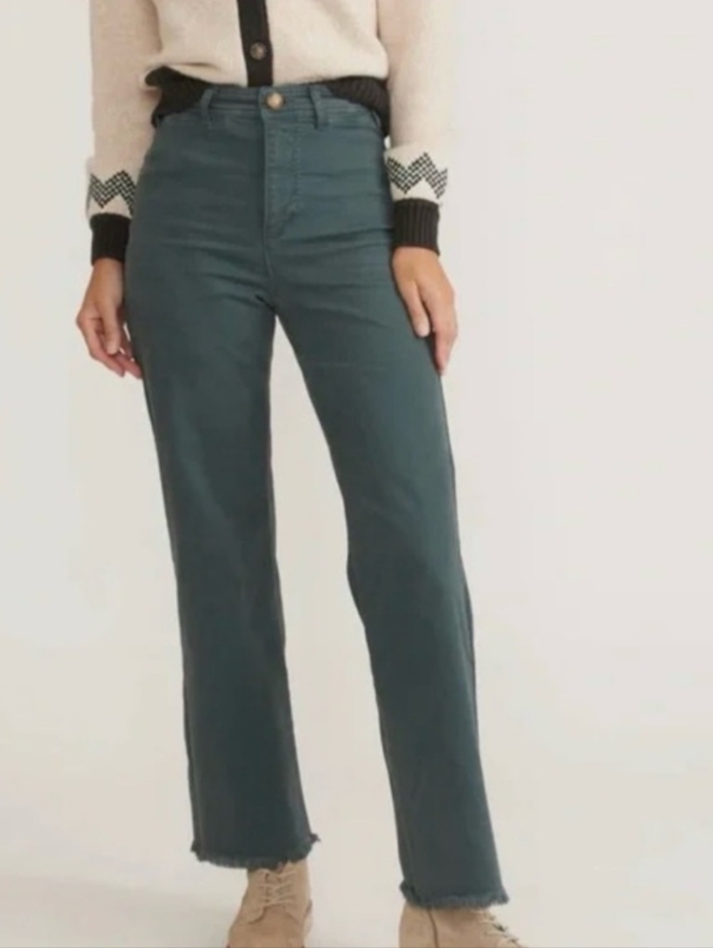 Marine Layer Bridget Flare Pants with Frayed Hem Forest Green Sz 14